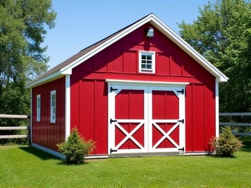 A traditional barn-style garage painted classic red with white trim.