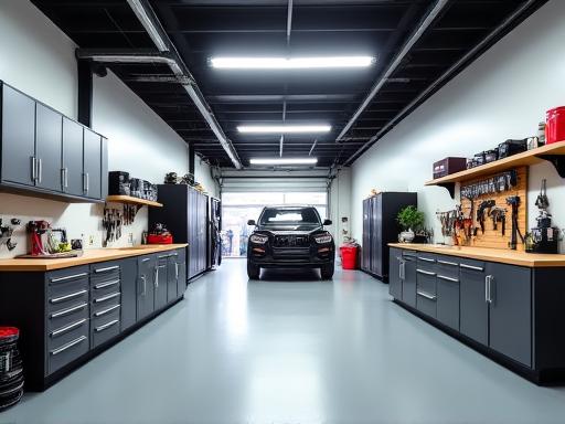 Interior of a spacious garage workshop with built-in cabinetry and bright lighting.