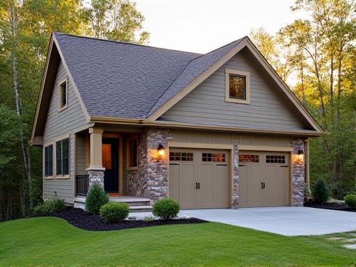 A detached garage featuring stone accents on the front facade.