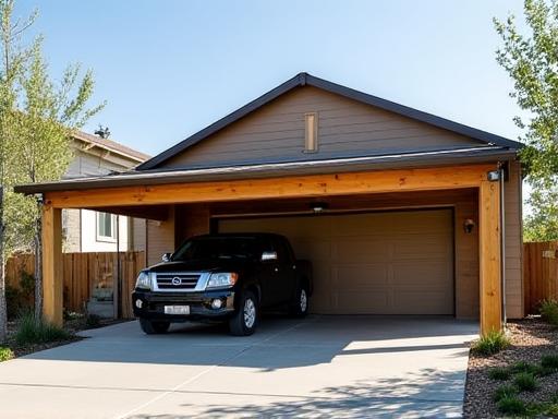A custom garage with an attached open-air carport.