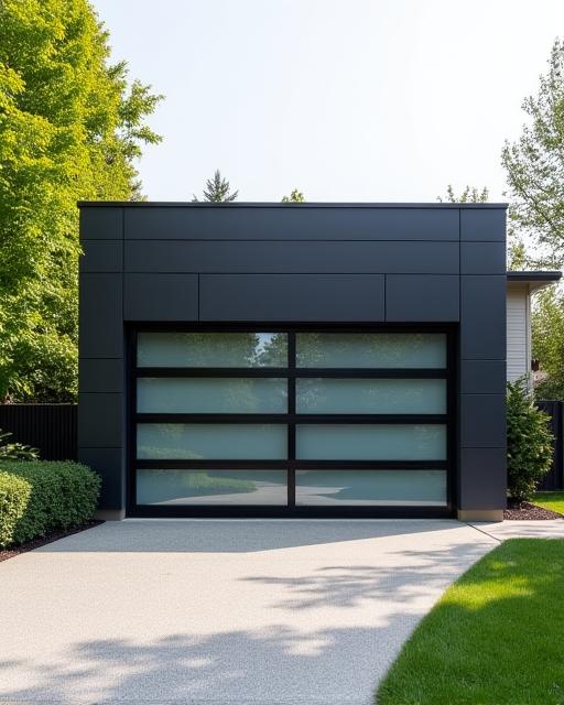 A modern garage with dark gray siding and a glass-paneled door.
