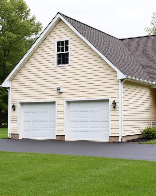 A clean two-car garage with light beige vinyl siding matching the main house.