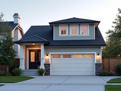 A large two-car garage with a second-story loft and dormer windows.
