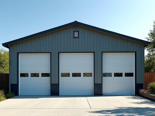 An oversized three-car garage with a tall ceiling and large workshop area.